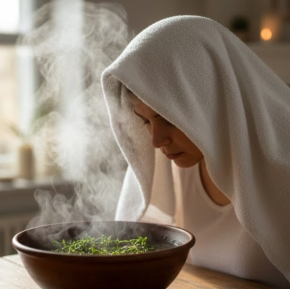 Inhalation mit Thymian-Aufguss zur Befreiung der Atemwege unter einem Handtuch