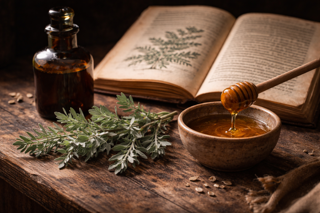 Ein Zweig frischer Wermut mit silbrigen Blättern liegt neben einer dunklen Apothekerflasche und einer Schale mit Honig.