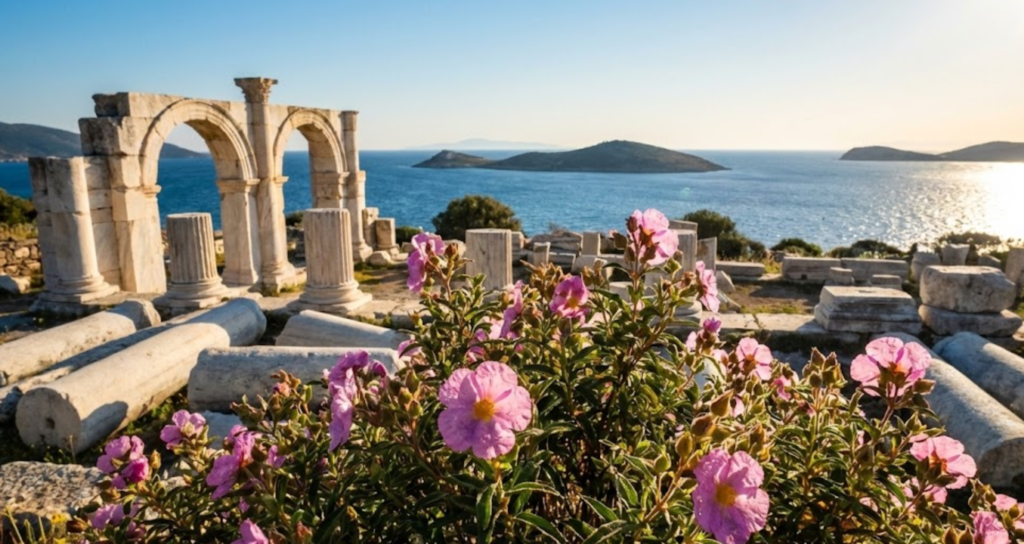 Die Kretische Zistrose (Laden Gülü) in ihrer natürlichen Umgebung an der Ägäis: Ein antikes Symbol für Schutz und Immunkraft.